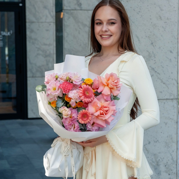 Rose Pink 50 cm Ecuador (Chelo, Hermosa, Novia, Titanik, Engagement, Pink Mondiale) - 7, Gerbera pink - 2, Pink carnation - 7, Spray rose: yellow, orange 50 cm - 2, Pink Lisianthus (Eustoma) - 4, Eucalyptus Cinerea, Wrapping Paper