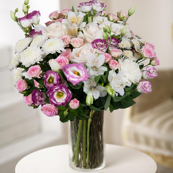 White rose 50 cm - 4, Bright pink spray rose mix, 50 cm - 7, Alstromeria white, soft pink - 3, Pink Lisianthus (Eustoma) - 6, Athos poms Stallion - 2, Baltica White Spray Chrysanthemum - 2, Carnation white, cream - 3, Wrapping Paper