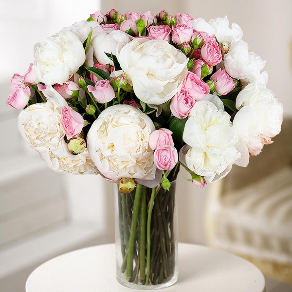 Peony white - 12, Bright pink spray rose mix, 50 cm - 7, Wrapping Paper