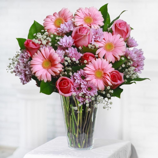 Pink rose 50 cm - 9, Gerbera pink - 7, Bacardi Pink Spray Chrysanthemum - 7, Gypsophila - 3, Salal, Felt, Ribbon