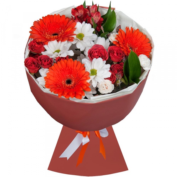 Gerbera pink - 3, Bacardi White Spray Chrysanthemum - 2, Pink spray carnation - 3, Bright pink spray rose mix, 50 cm - 2, Alstromeria white, soft pink - 2, Eucalyptus Cinerea, Wrapping Paper