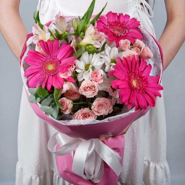 Gerbera pink - 3, Bacardi White Spray Chrysanthemum - 2, Pink spray carnation - 3, Bright pink spray rose mix, 50 cm - 2, Alstromeria white, soft pink - 2, Eucalyptus Cinerea, Wrapping Paper