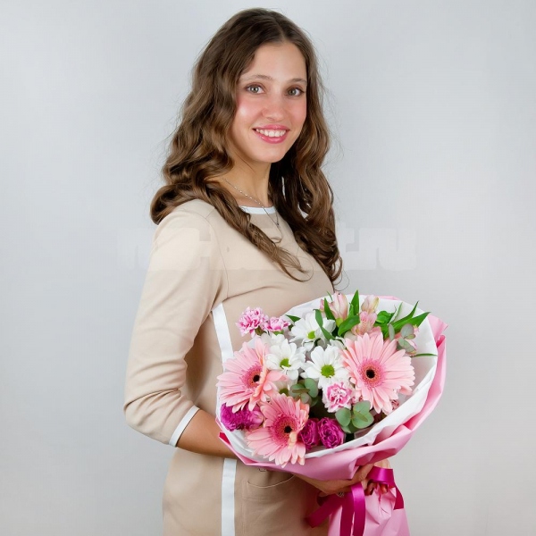 Gerbera pink - 3, Bacardi White Spray Chrysanthemum - 2, Pink spray carnation - 3, Bright pink spray rose mix, 50 cm - 2, Alstromeria white, soft pink - 2, Eucalyptus Cinerea, Wrapping Paper