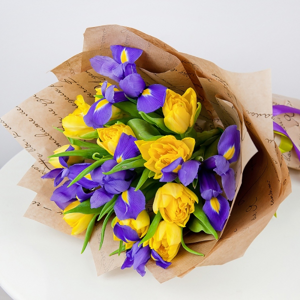 Irises - 8, Yellow tulip - 13, Wrapping Paper, Ribbon