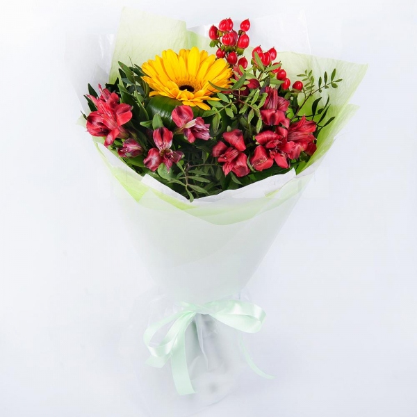 Sunflower - 1, Alstromeria Red, Bright Pink - 5, Hypericum, Salal, Wrapping Paper, Ribbon, Eucalyptus Cinerea