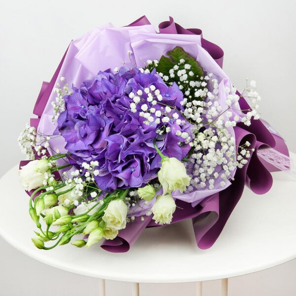 Blue/purple hydrangea - 1, lisianthus - 4, Gypsophila - 2, Wrapping Paper
