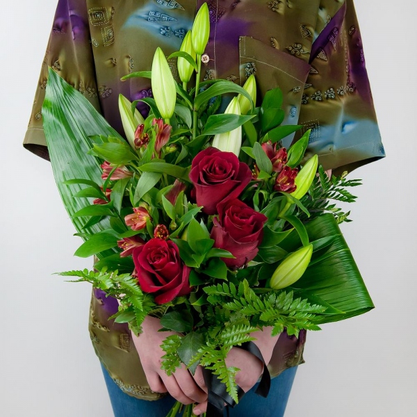 Lilies - 3, Alstromeria Red, Bright Pink - 4, Red rose 50 cm - 4, Fern (1 pc.), Aspidistra (1 pc.), Ruscus, Ribbon