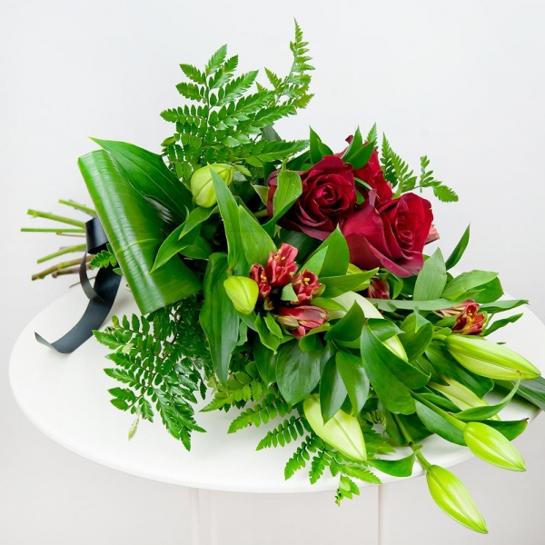 Lilies - 3, Alstromeria Red, Bright Pink - 4, Red rose 50 cm - 4, Fern (1 pc.), Aspidistra (1 pc.), Ruscus, Ribbon