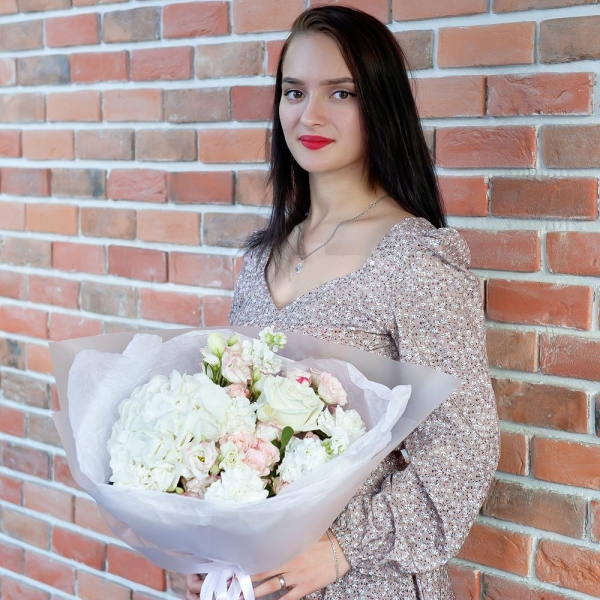  White Hydrangea - 1, Carnation white, cream - 5, Pink Lisianthus (Eustoma) - 3, White rose 50 cm - 3, White Matthiola - 3, Spray rose: white, cream, light pink 50 cm - 3, Wrapping Paper