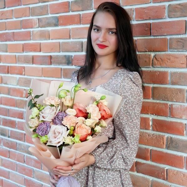 Peony rose Kahala 50 cm - 4, Rose Powder 50 cm Ecuador (Quicksand, Menta) - 5, lisianthus - 4, Spray rose: white, cream, light pink 50 cm - 4, Lilac carnation - 4, Carnation white, cream - 4, Symphoricarpos, Wrapping Paper
