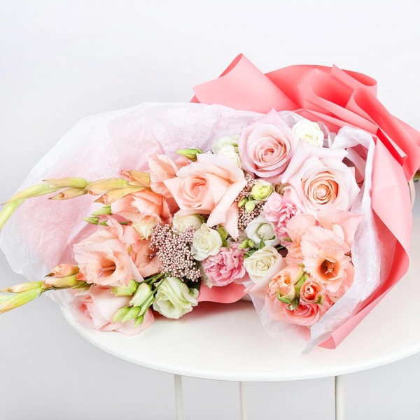 Pink Gladiolus - 4, Pink carnation - 6, Pink rose 50 cm - 7, lisianthus - 5, Spray rose: white, cream, light pink 50 cm - 4, Ozotamnus, Wrapping Paper