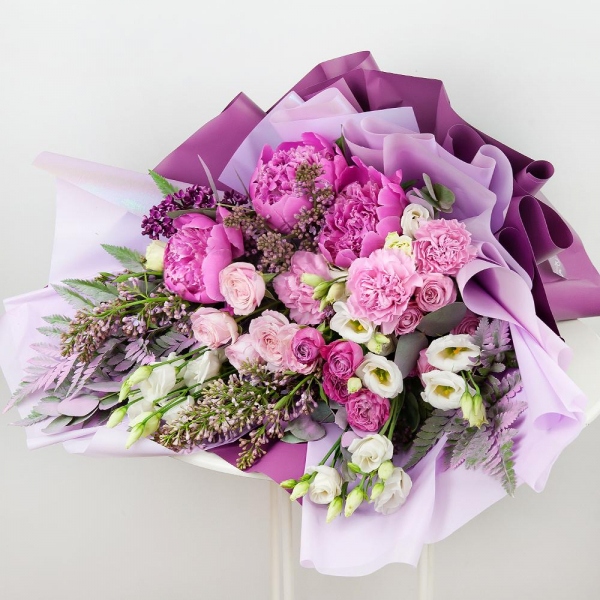 Peony pink - 5, Lilac Bush - 4, Pink carnation - 6, Peony sprayrose - 5, lisianthus - 4, Eucalyptus Cinerea, Wrapping Paper, Fern (1 pc.)