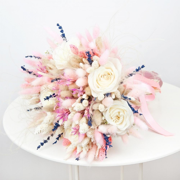 White rose 50 cm - 11, Dried flowers in assortment, Ribbon
