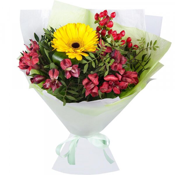 Sunflower - 3, Alstromeria Red, Bright Pink - 5, Hypericum, Salal, Wrapping Paper, Ribbon, Eucalyptus Cinerea