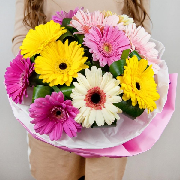 Gerbera white - 5, Gerbera yellow - 5, Gerbera pink - 9, Aspidistra (1 pc.), Wrapping Paper, Ribbon