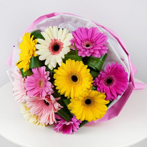 Gerbera white - 5, Gerbera yellow - 5, Gerbera pink - 9, Aspidistra (1 pc.), Wrapping Paper, Ribbon