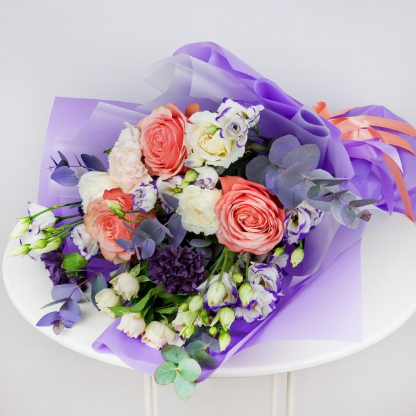 Peony rose Kahala 50 cm - 5, Purple Lisianthus (Eustoma) - 4, Lilac carnation - 2, Spray rose: white, cream, light pink 50 cm - 4, White rose 50 cm - 5, Carnation white, cream - 3, Eucalyptus Cinerea, Wrapping Paper