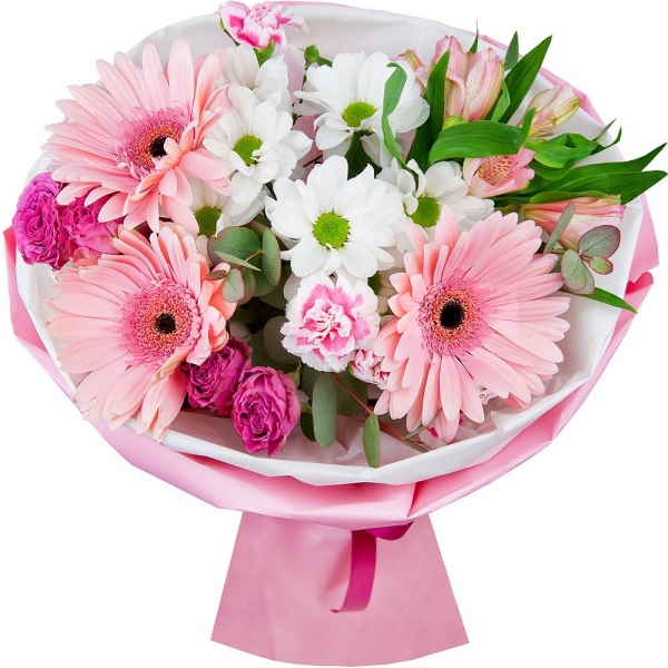 Bacardi White Spray Chrysanthemum - 2, Bright pink spray rose mix, 50 cm - 3, Alstromeria white, soft pink - 3, Gerbera pink - 5, Eucalyptus Cinerea, Wrapping Paper