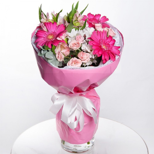 Bacardi White Spray Chrysanthemum - 2, Bright pink spray rose mix, 50 cm - 3, Alstromeria white, soft pink - 3, Gerbera pink - 5, Eucalyptus Cinerea, Wrapping Paper