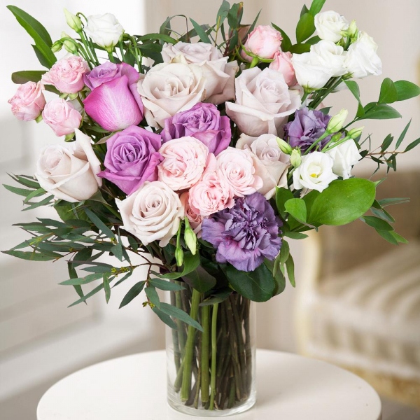 Rose Powder 50 cm Ecuador (Quicksand, Menta) - 9, Deep Purple rose - 5, Bright pink spray rose mix, 50 cm - 5, lisianthus - 3, Lilac carnation - 4, Ruscus, Eucalyptus parvifolia (1 pc.), Wrapping Paper