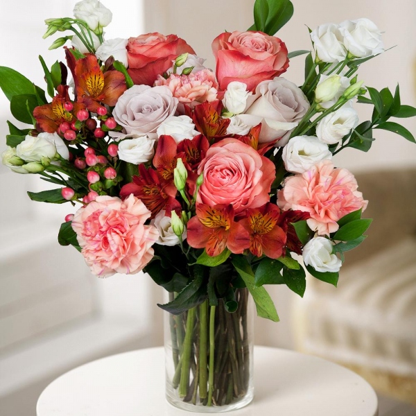 Peony rose Kahala 50 cm - 5, Pink rose 50 cm - 4, Pink carnation - 5, Alstromeria Red, Bright Pink - 3, lisianthus - 3, Ruscus, Hypericum, Wrapping Paper