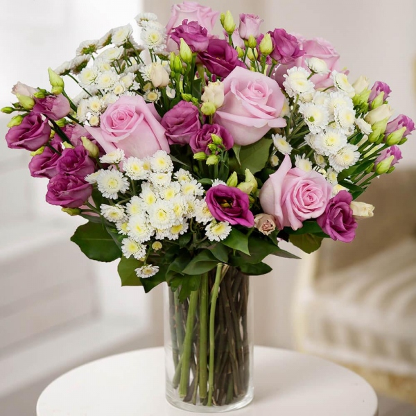 Baltica White Spray Chrysanthemum - 5, Pink Lisianthus (Eustoma) - 7, Pink rose 50 cm - 7, Wrapping Paper