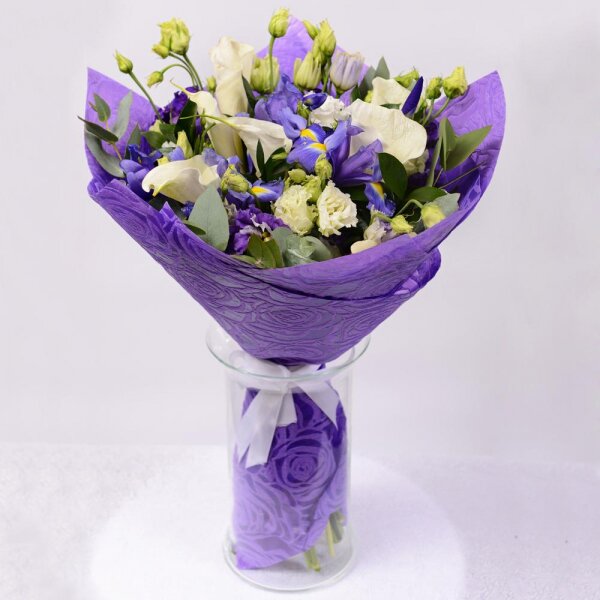 Calla lilies - 8, Irises - 9, lisianthus - 7, Ruscus, Eucalyptus Cinerea, Felt, Ribbon