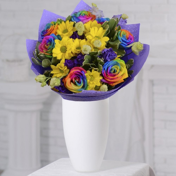 Rainbow rose - 11, Bacardi Yellow Spray Chrysanthemum - 4, Purple Lisianthus (Eustoma) - 7, Felt, Ribbon, Pittosporum