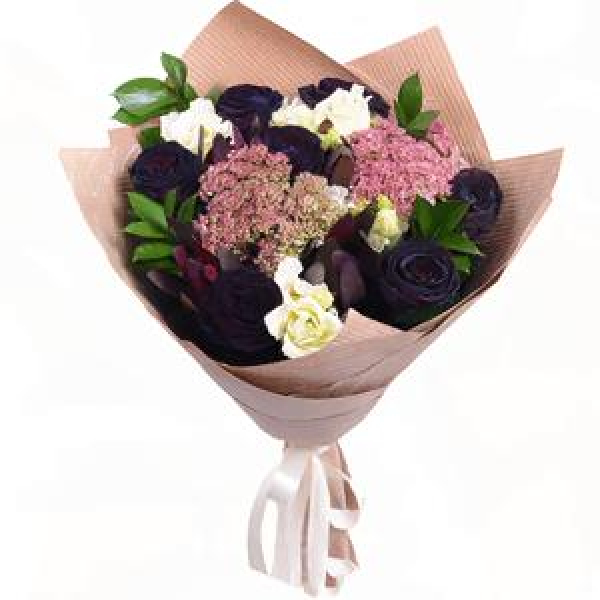 Rose black - 13, lisianthus - 6, Leukodendron, Sedum, Ruscus, Wrapping Paper, Ribbon