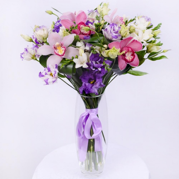 Pink Cymbidium Orchid Bud - 8, Freesia - 23, Purple Lisianthus (Eustoma) - 12, Aspidistra (1 pc.), Flask for orchids, Ribbon
