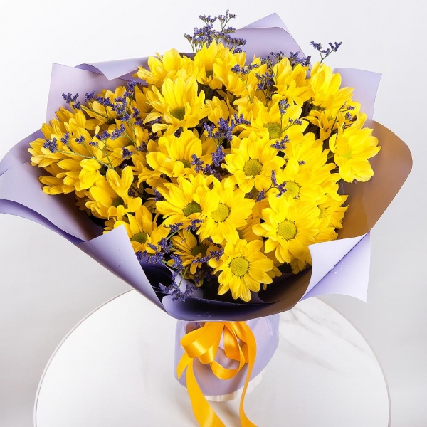 Bacardi Yellow Spray Chrysanthemum - 9, Limonium (1 pc.), Wrapping Paper