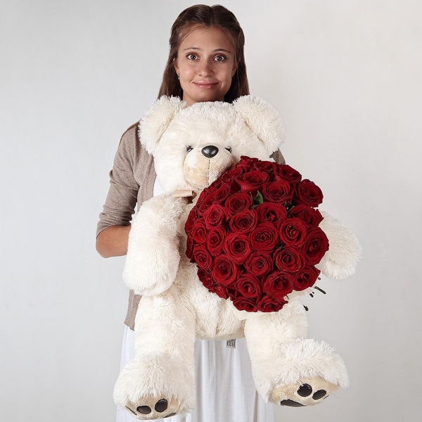 Red rose 50 cm - 57, Teddy bear 90 cm, Felt, Ribbon