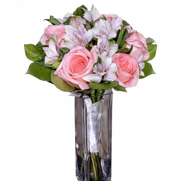 Pink rose 50 cm - 9, Alstromeria lilac, purple - 5, Ribbon, Salal