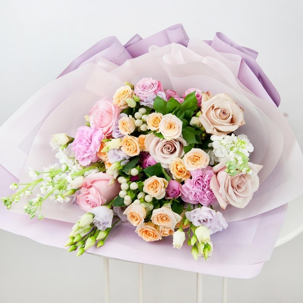 Pink rose 50 cm - 4, Rose Powder 50 cm Ecuador (Quicksand, Menta) - 3, Spray rose: white, cream, light pink 50 cm - 3, Purple Lisianthus (Eustoma) - 3, White Matthiola - 3, Pink carnation - 4, Bright pink spray rose mix, 50 cm - 3, Hypericum, Wrapping Paper