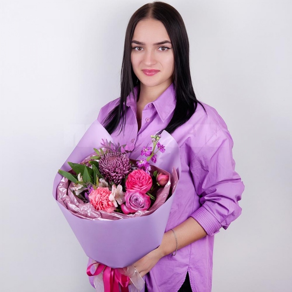 Chrysanthemum Bigoudi purple - 1, Matthiola Lilac - 1, Pink carnation - 1, Deep Purple rose - 3, Spray peony rose  - 1, Alstromeria white, soft pink - 1, Pistachio, Wrapping Paper, Ribbon