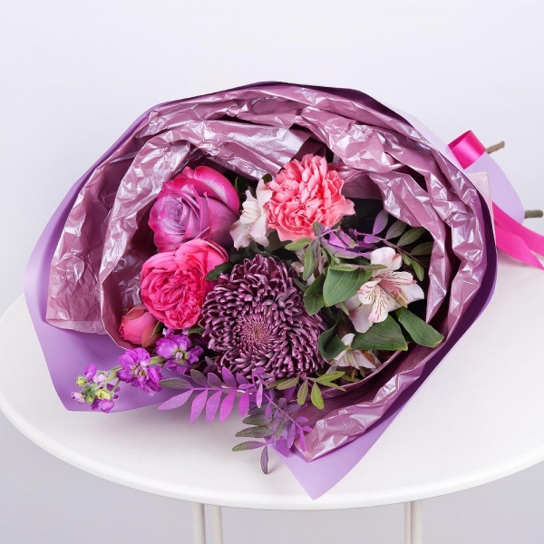 Chrysanthemum Bigoudi purple - 1, Matthiola Lilac - 1, Pink carnation - 1, Deep Purple rose - 4, Spray peony rose  - 1, Alstromeria white, soft pink - 2, Pistachio, Wrapping Paper, Ribbon
