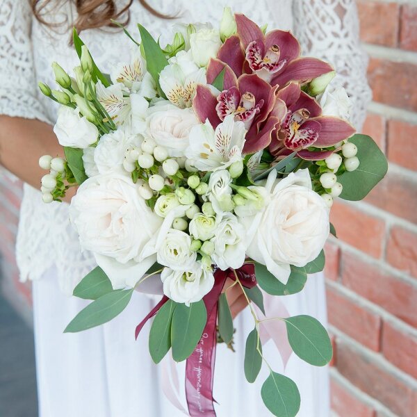 Pink Cymbidium Orchid Bud - 4, Alstromeria white, soft pink - 5, lisianthus - 4, Peony style roses - 4, Flask for orchids, Hypericum, Eucalyptus populus (1 pc.), Ribbon