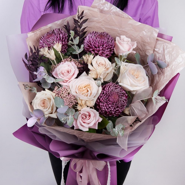 Peony style roses - 2, Rose Powder 50 cm Ecuador (Quicksand, Menta) - 7, Chrysanthemum Bigoudi purple - 4, Ozotamnus, Eucalyptus Cinerea, Dried flowers decor, Wrapping Paper