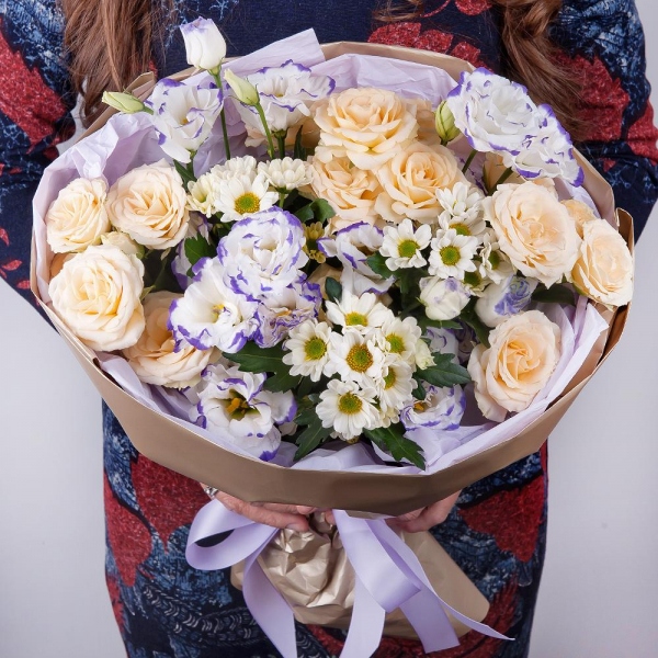 Spray rose: white, cream, light pink 50 cm - 4, Santini White Spray Chrysanthemum - 5, Purple Lisianthus (Eustoma) - 4, Wrapping Paper