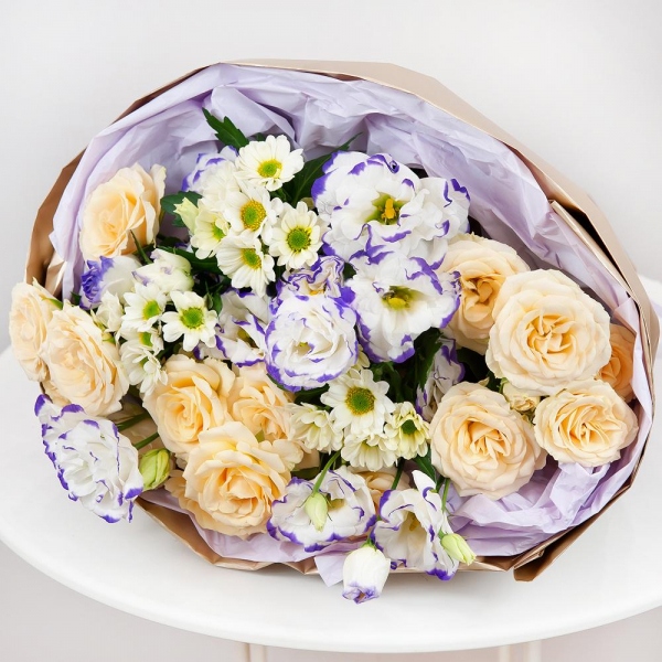 Spray rose: white, cream, light pink 50 cm - 4, Santini White Spray Chrysanthemum - 5, Purple Lisianthus (Eustoma) - 4, Wrapping Paper