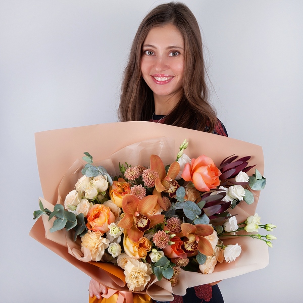 Orchid bud yellow/brown Cymbidium - 5, Athos poms Stallion - 4, Spray rose: white, cream, light pink 50 cm - 4, lisianthus - 2, Carnation white, cream - 7, Pink-orange rose Phoenix 50 cm - 7, Flask for orchids, Leukodendron, Eucalyptus Cinerea, Pistachio, Wrapping Paper