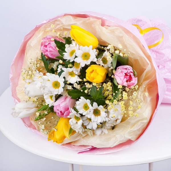 Santini White Spray Chrysanthemum - 4, Gypsophila - 1, Yellow tulip - 4, Tulip white - 4, Pink tulip - 4, Wrapping Paper