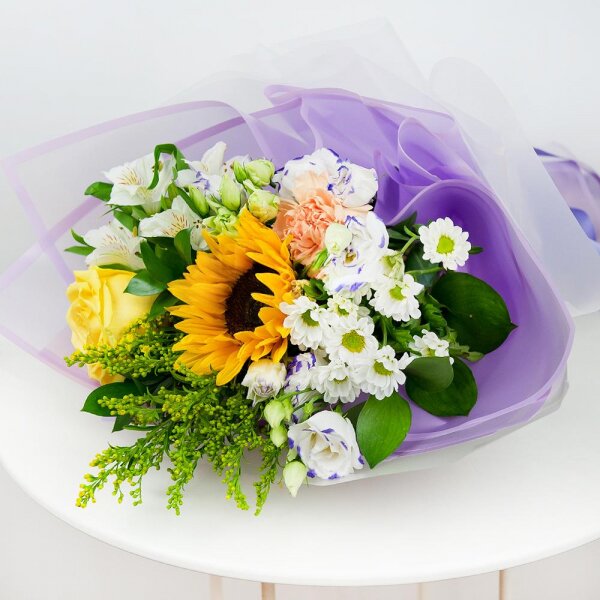 Sunflower - 1, Yellow rose 50 cm - 2, Carnation white, cream - 2, Santini White Spray Chrysanthemum - 2, Alstromeria white, soft pink - 2, lisianthus - 2, Solidago (1 pc.), Ruscus, Ribbon, Wrapping Paper