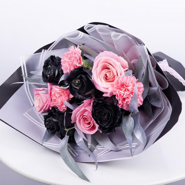 Rose black - 4, Pink rose 50 cm - 4, Pink carnation - 5, Eucalyptus, Wrapping Paper
