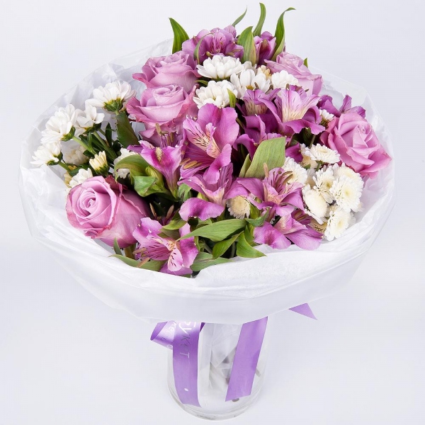 Pink rose 50 cm - 7, Alstromeria lilac, purple - 4, Santini White Spray Chrysanthemum - 4, Athos poms Stallion - 2, Wrapping Paper, Ribbon