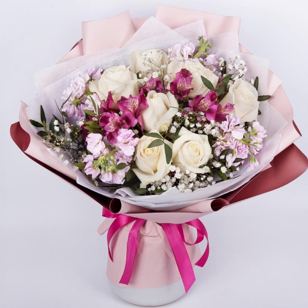 Alstromeria lilac, purple - 8, White rose 50 cm - 11, Gypsophila - 1, Matthiola Lilac - 4, Pistachio, Wrapping Paper, Ribbon