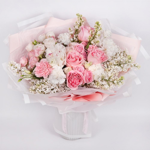 Rose Pink 50 cm Ecuador (Chelo, Hermosa, Novia, Titanik, Engagement, Pink Mondiale) - 11, Pink carnation - 6, Peony white - 3, lisianthus - 3, Peony sprayrose - 5, White Lilac - 3, Carnation white, cream - 5, Wrapping Paper
