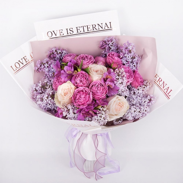 Peony style roses - 7, Alstromeria lilac, purple - 5, Spray peony rose Misty Bubbles, 50 cm - 3, Lilac Bush - 4, Wrapping Paper, Ribbon