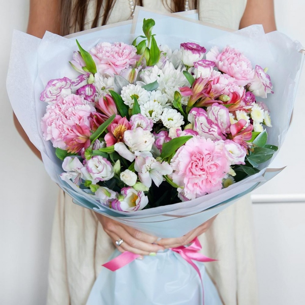Pink carnation - 6, Alstromeria white, soft pink - 5, Santini White Spray Chrysanthemum - 2, Baltica White Spray Chrysanthemum - 2, Athos poms Stallion - 2, Pink Lisianthus (Eustoma) - 3, Ruscus, Wrapping Paper