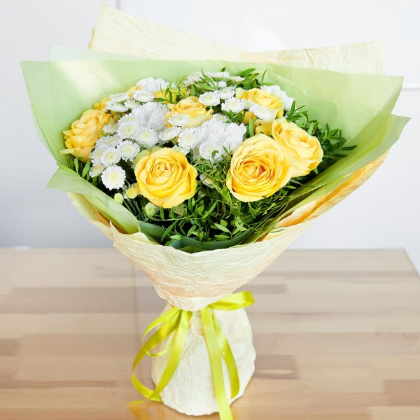 Yellow rose 50 cm - 9, Carnation white, cream - 6, Athos poms Stallion - 5, Pistachio, Wrapping Paper, Ribbon
